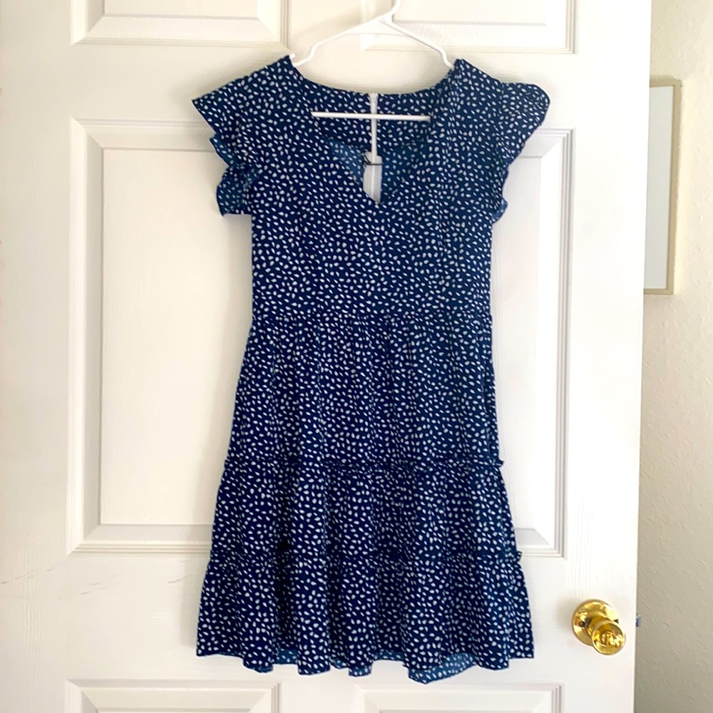 Navy blue summer dress, tear drop pattern, flutter sleeve, ruffle skirt